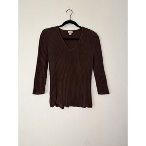 Vintage Caslon Ribbed V-Neck Sweater Top – Women's Size Large – Brown